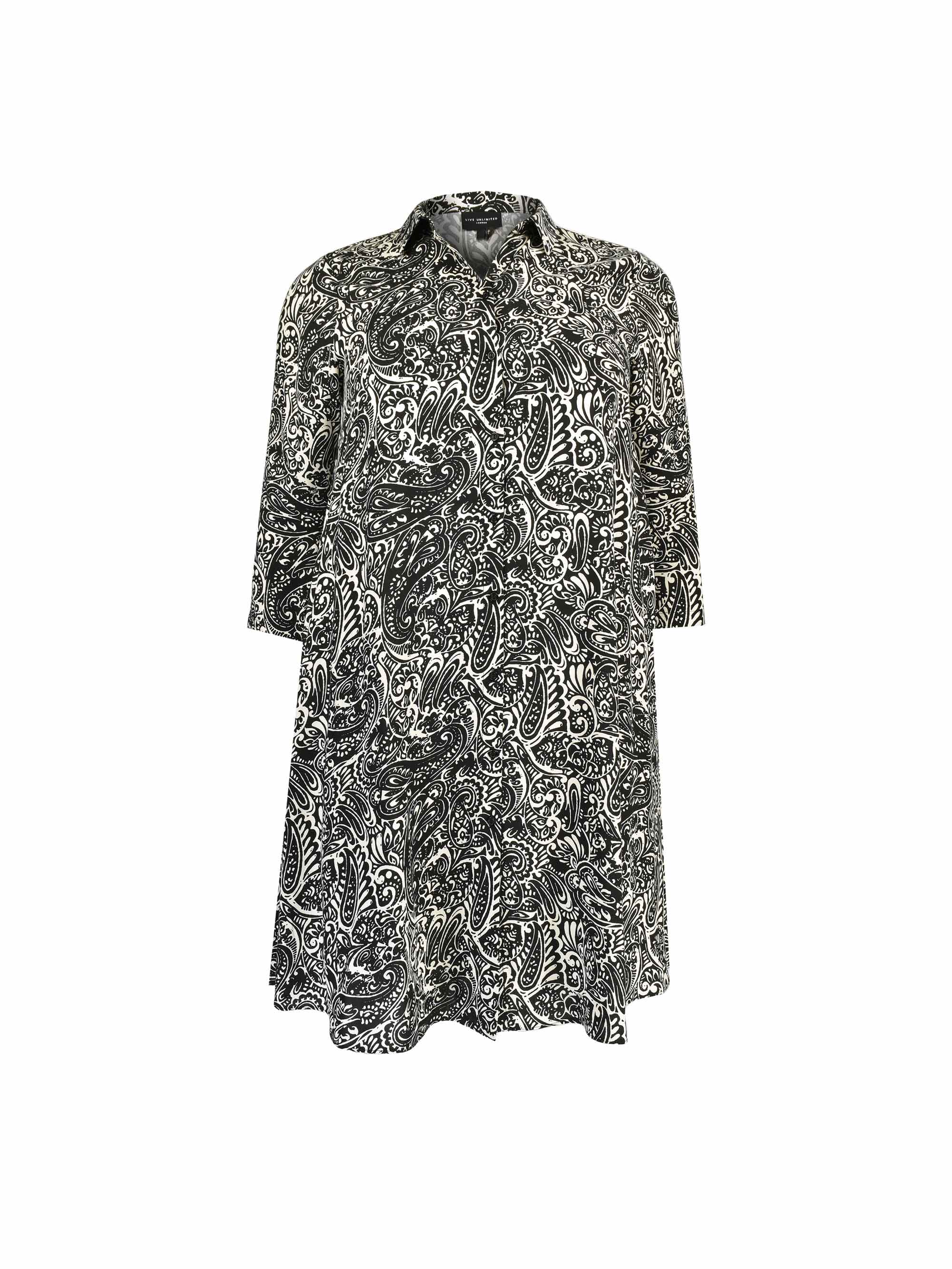 Mono Paisley 3/4 Length Sleeve Swing Shirt Dress