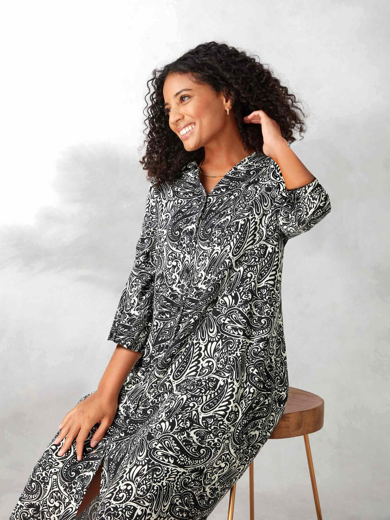 Mono Paisley 3/4 Length Sleeve Swing Shirt Dress