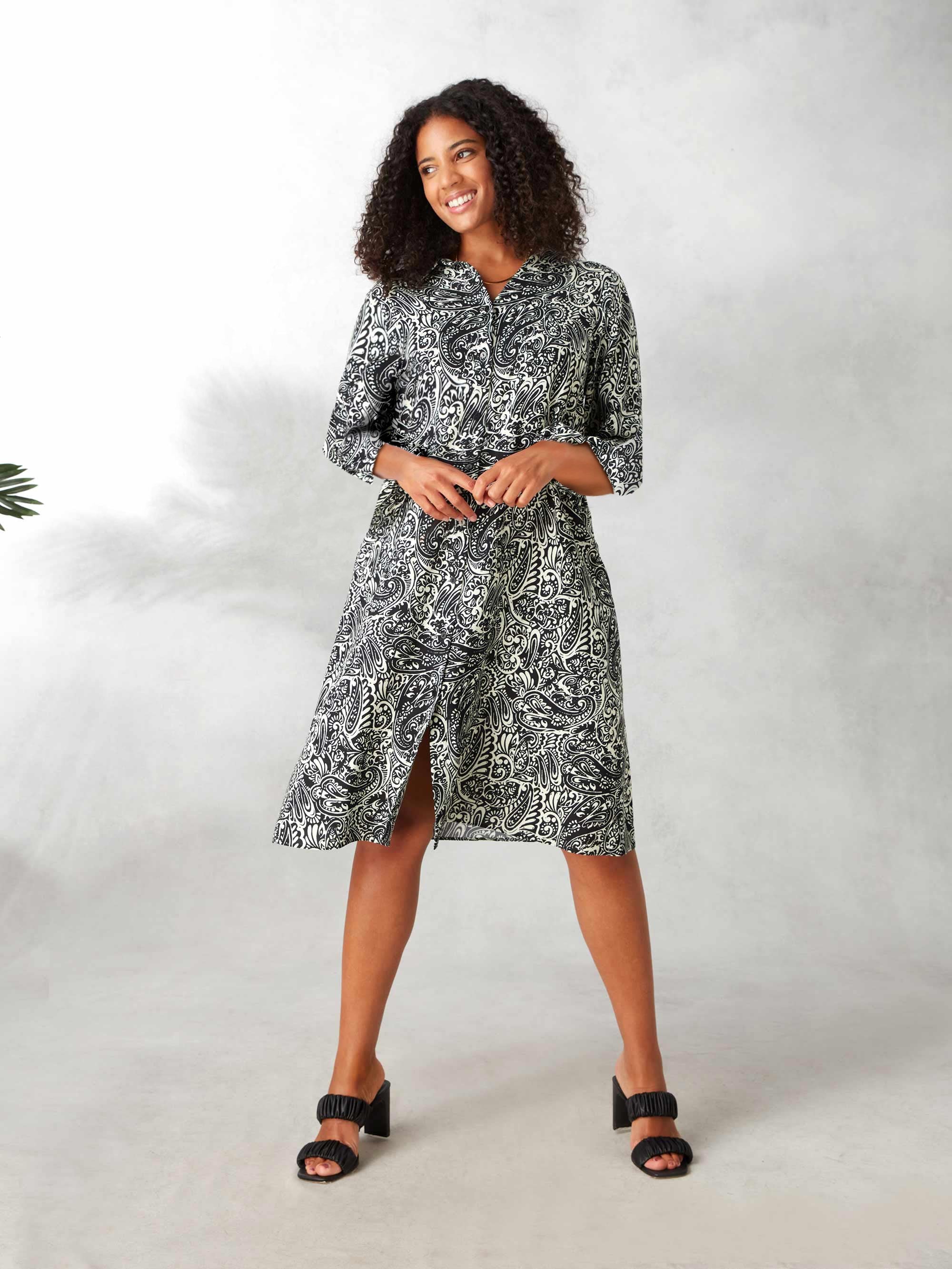 Mono Paisley 3/4 Length Sleeve Swing Shirt Dress