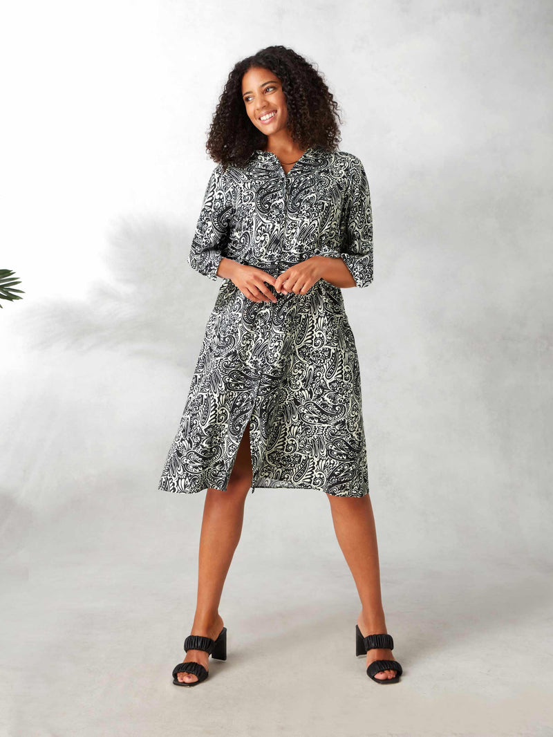 Mono Paisley 3/4 Length Sleeve Swing Shirt Dress