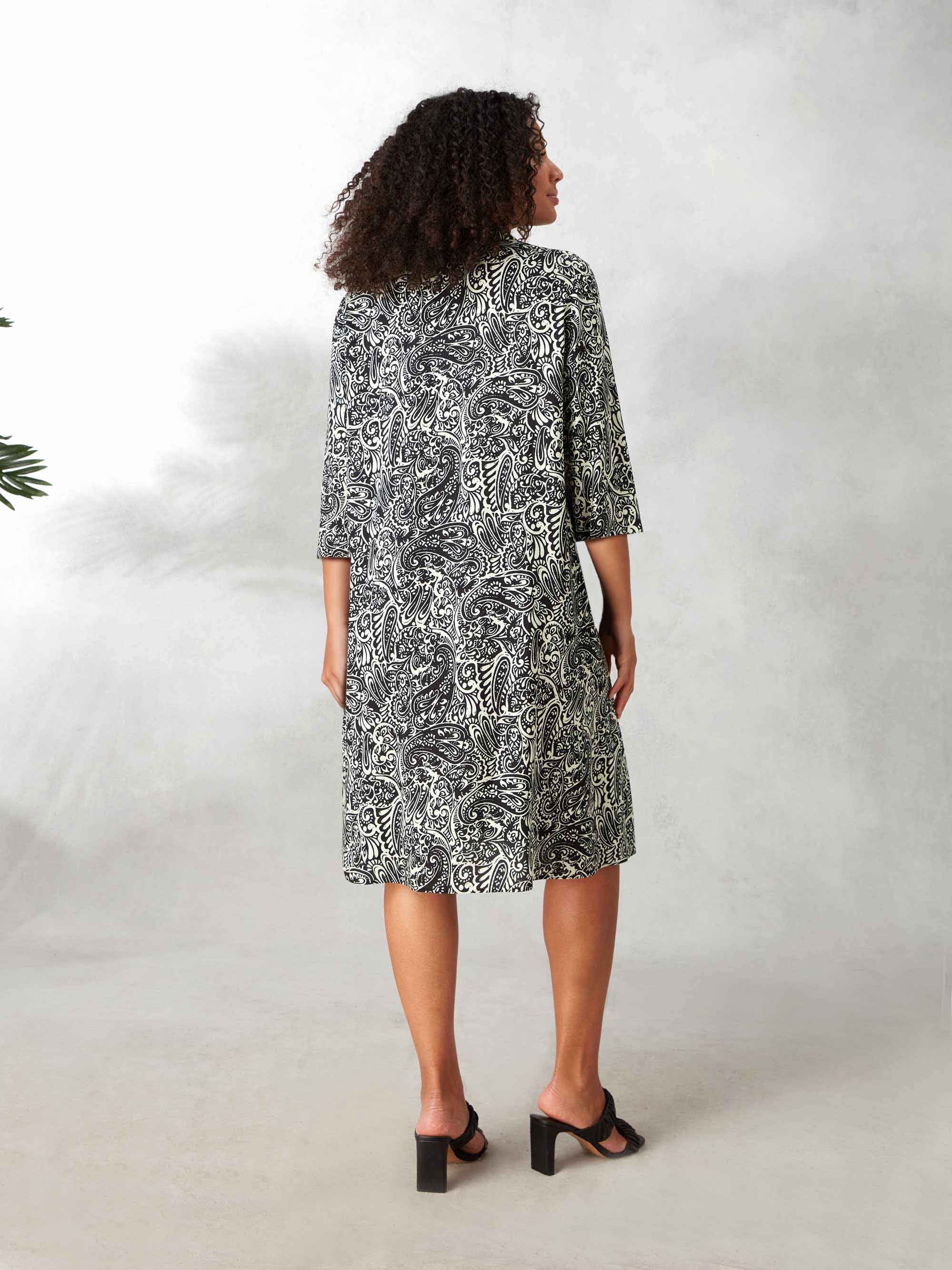 Mono Paisley 3/4 Length Sleeve Swing Shirt Dress