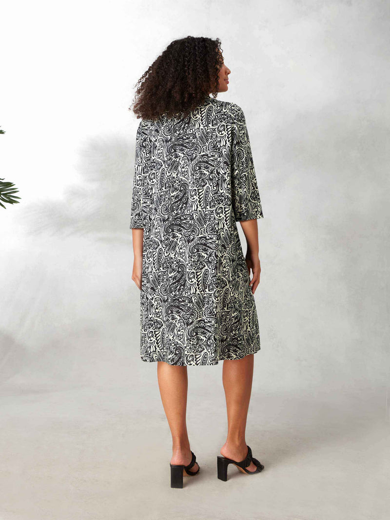 Mono Paisley 3/4 Length Sleeve Swing Shirt Dress