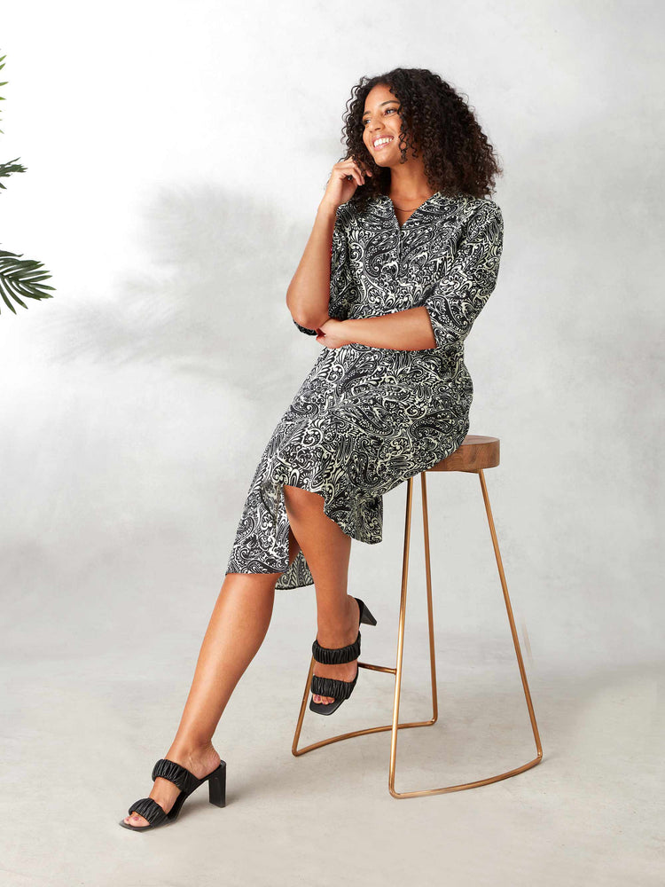 Mono Paisley 3/4 Length Sleeve Swing Shirt Dress