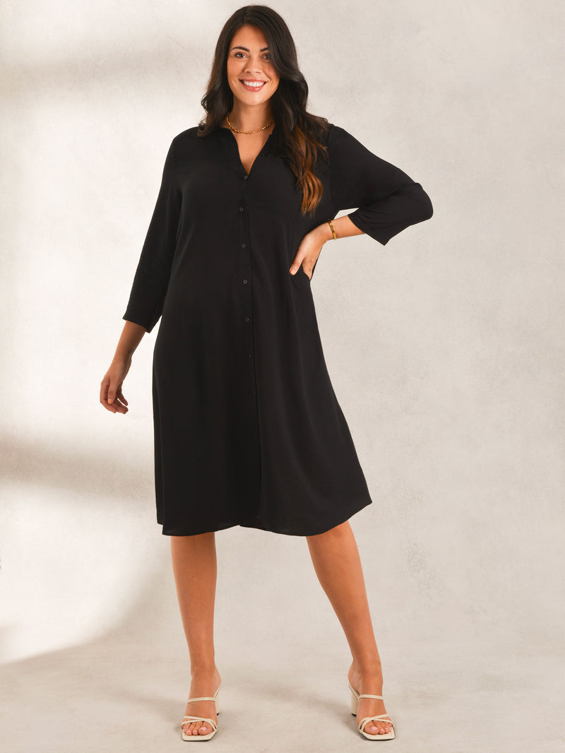 Black 3/4 Length Sleeve Swing Shirt Dress