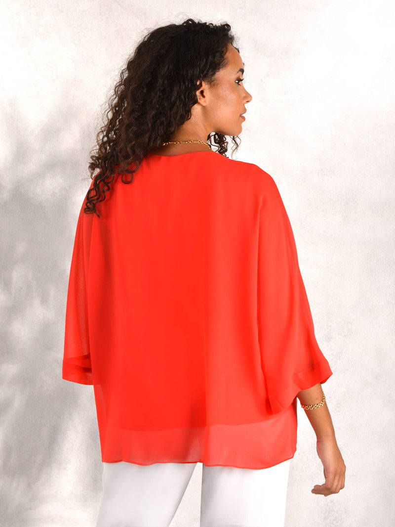 Red Chiffon and Jersey Batwing Overlayer Top