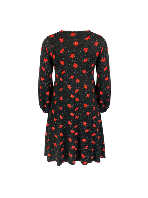 Black & Red Floral Print Mock Wrap Jersey Dress