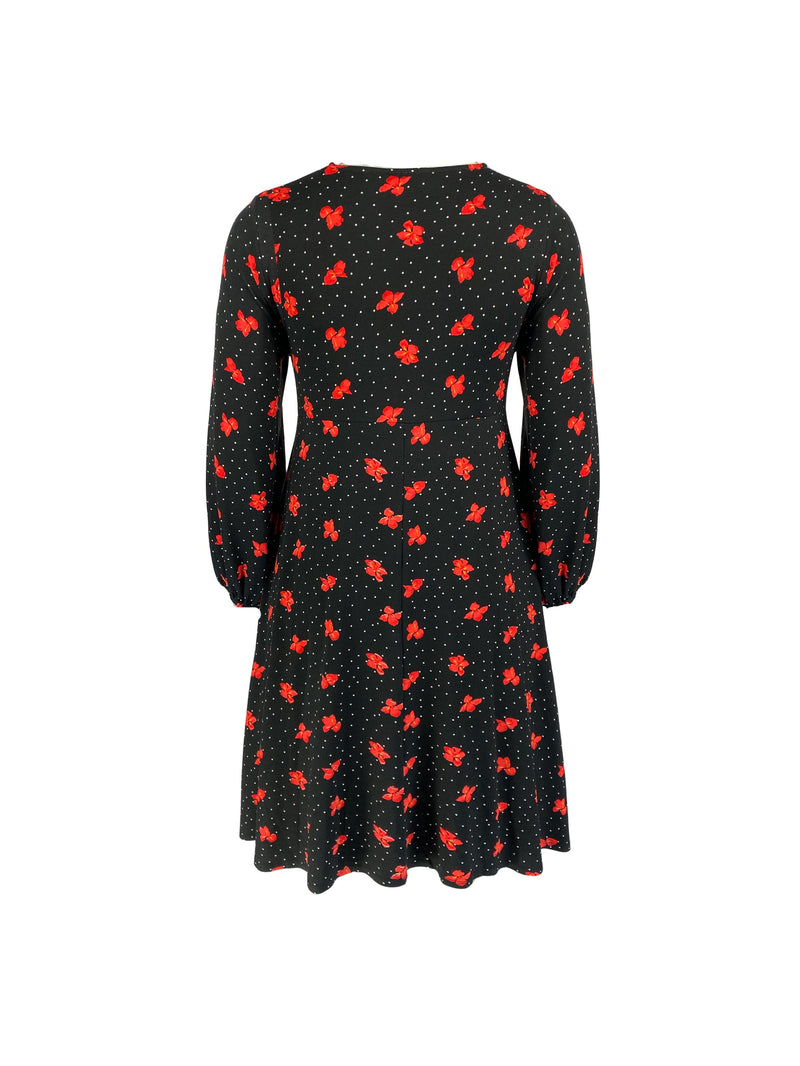 Black & Red Floral Print Mock Wrap Jersey Dress