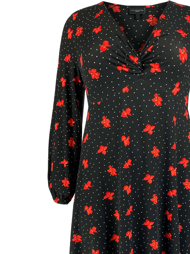 Black & Red Floral Print Mock Wrap Jersey Dress