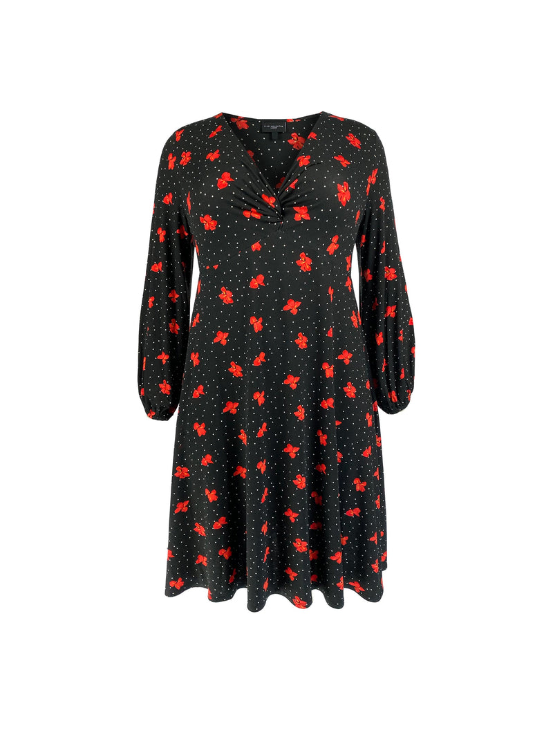 Black & Red Floral Print Mock Wrap Jersey Dress
