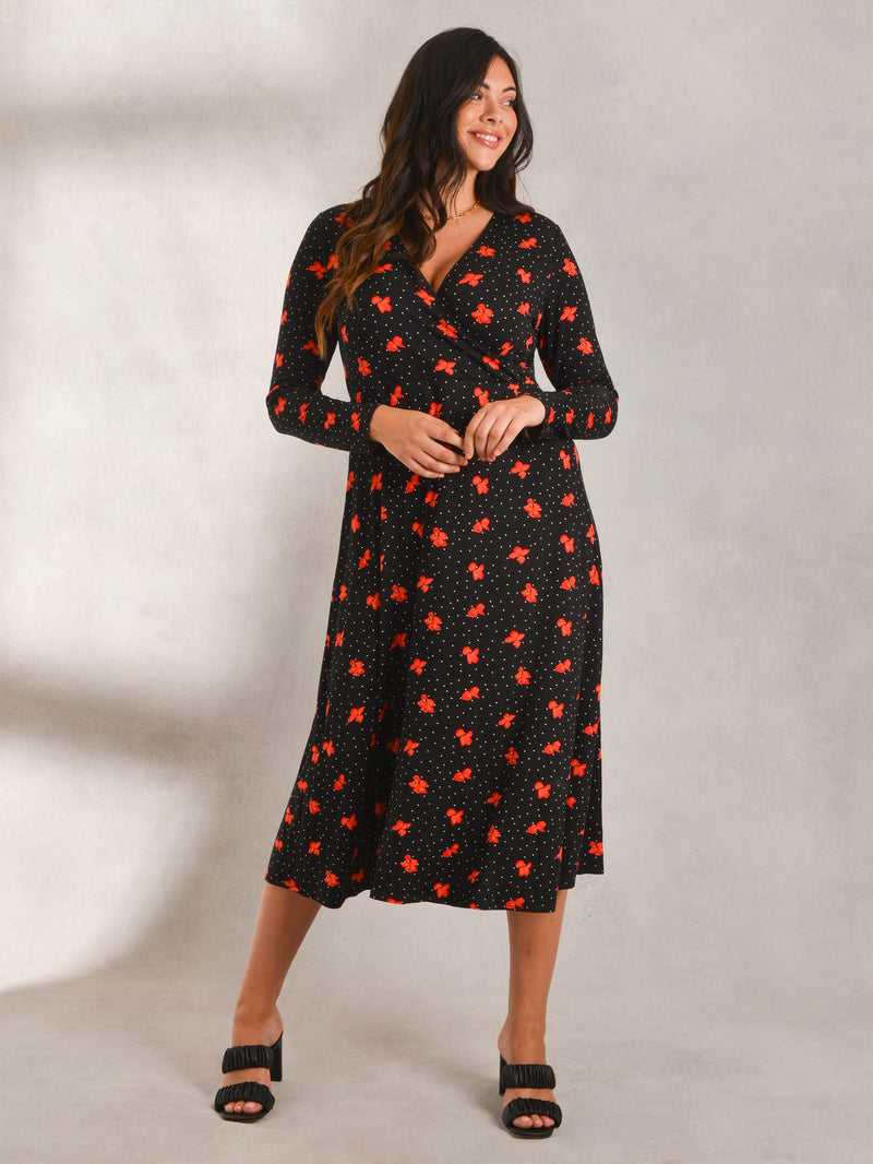 Black & Red Floral Print Mock Wrap Jersey Dress