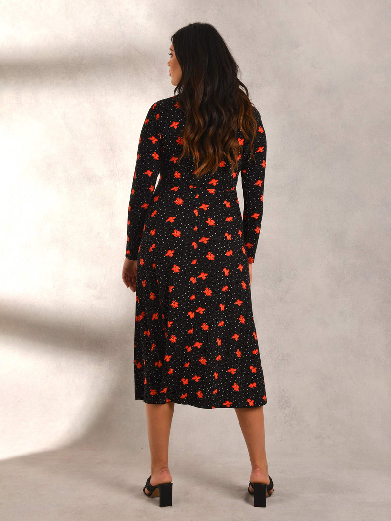 Black & Red Floral Print Mock Wrap Jersey Dress