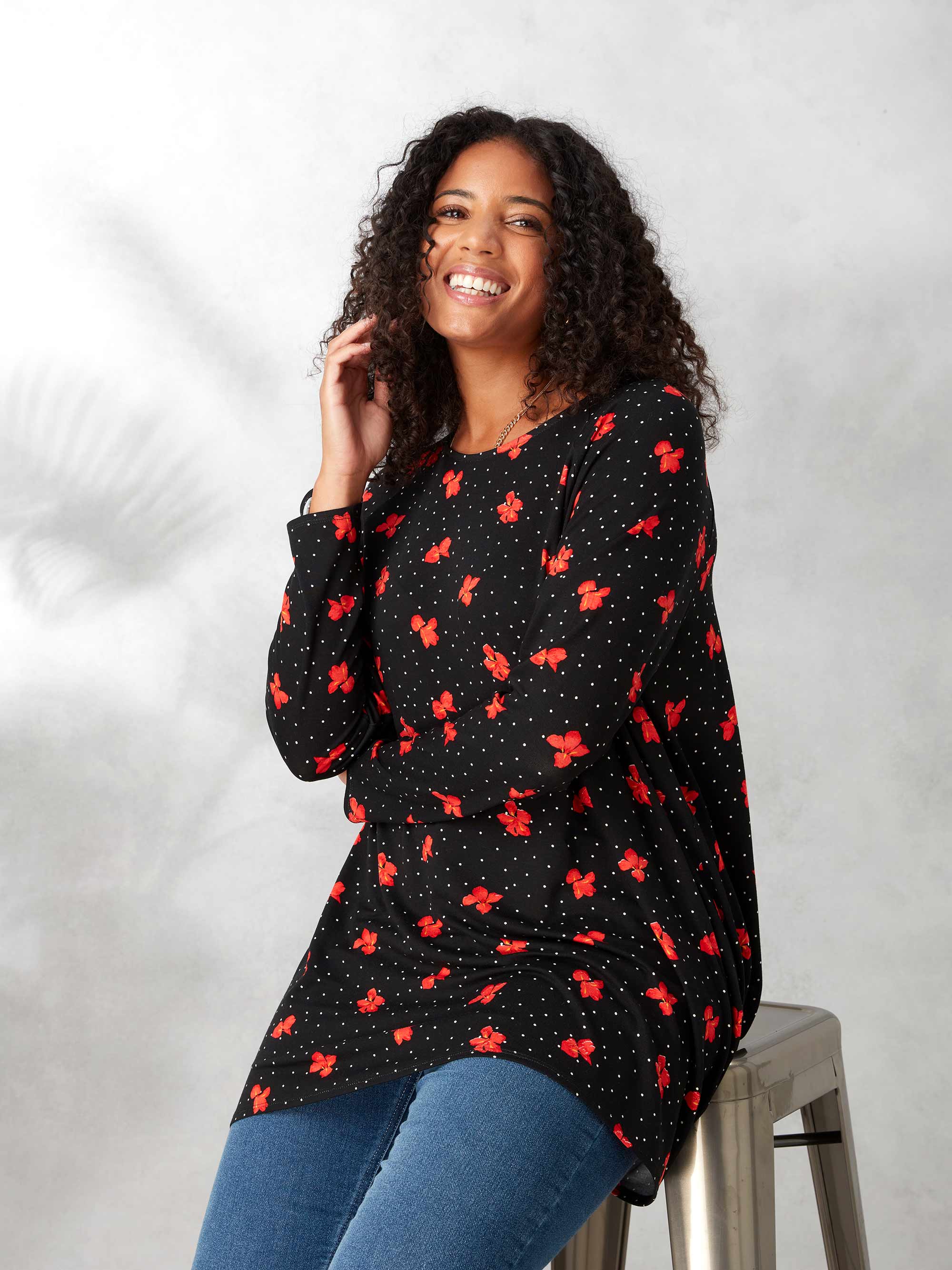 Black and Red Floral High Low Hem Jersey Tunic