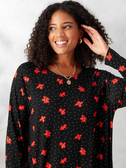 Black and Red Floral High Low Hem Jersey Tunic