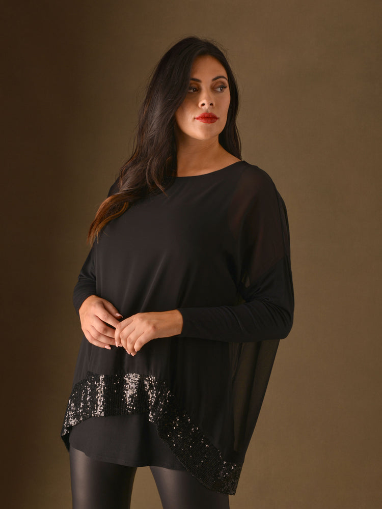 Black Sequin Hem Chiffon Overlayer Top