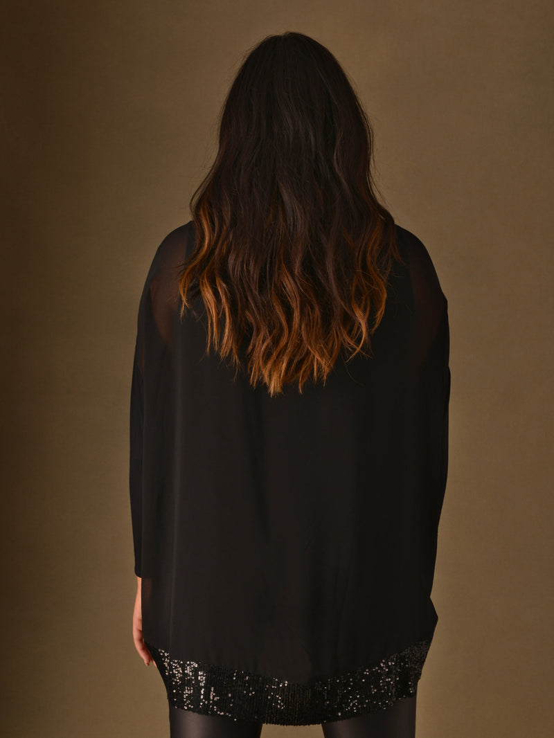 Black Sequin Hem Chiffon Overlayer Top