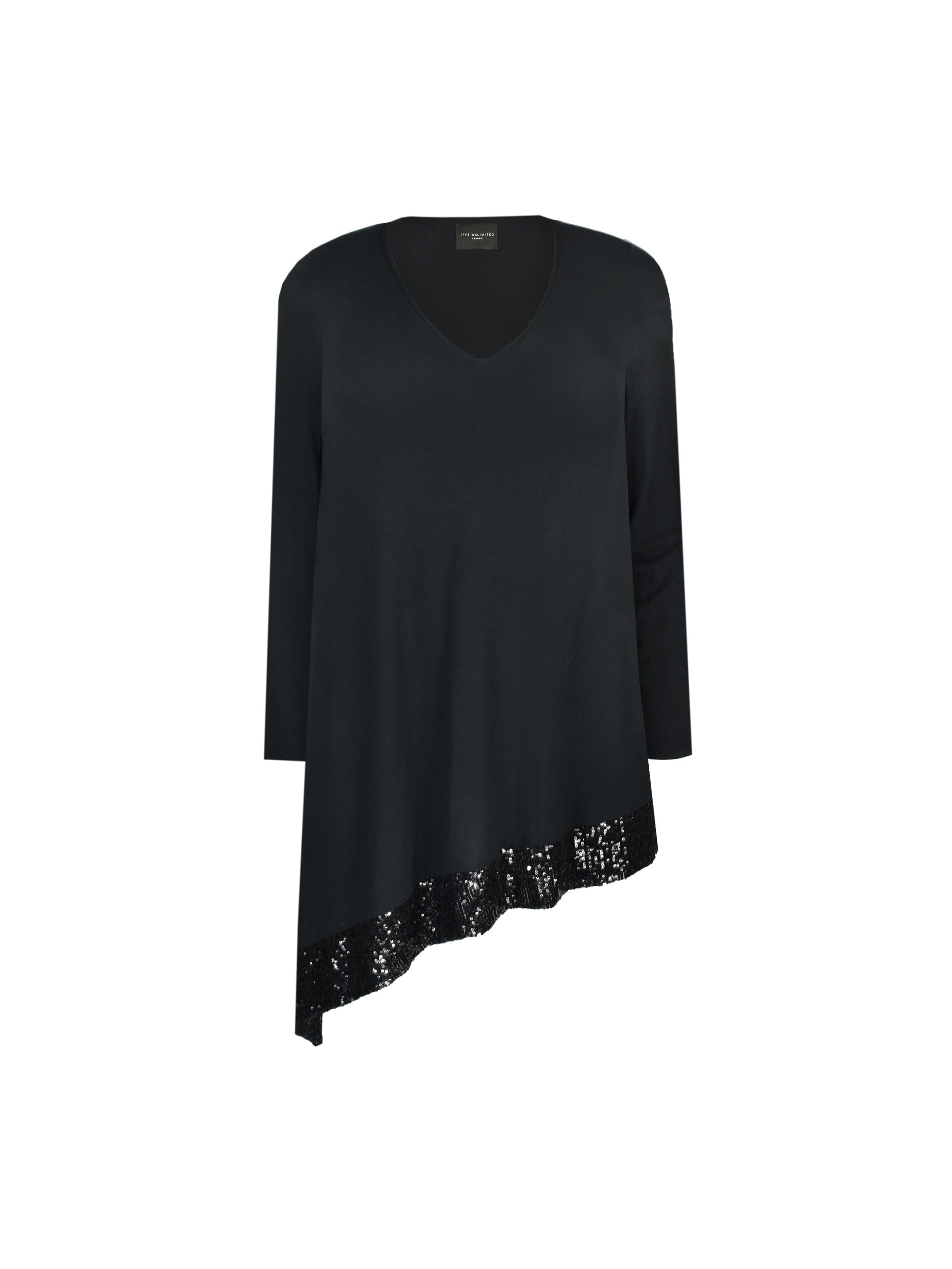 Black Assymetric Oversized Sequin Hem Jersey Top