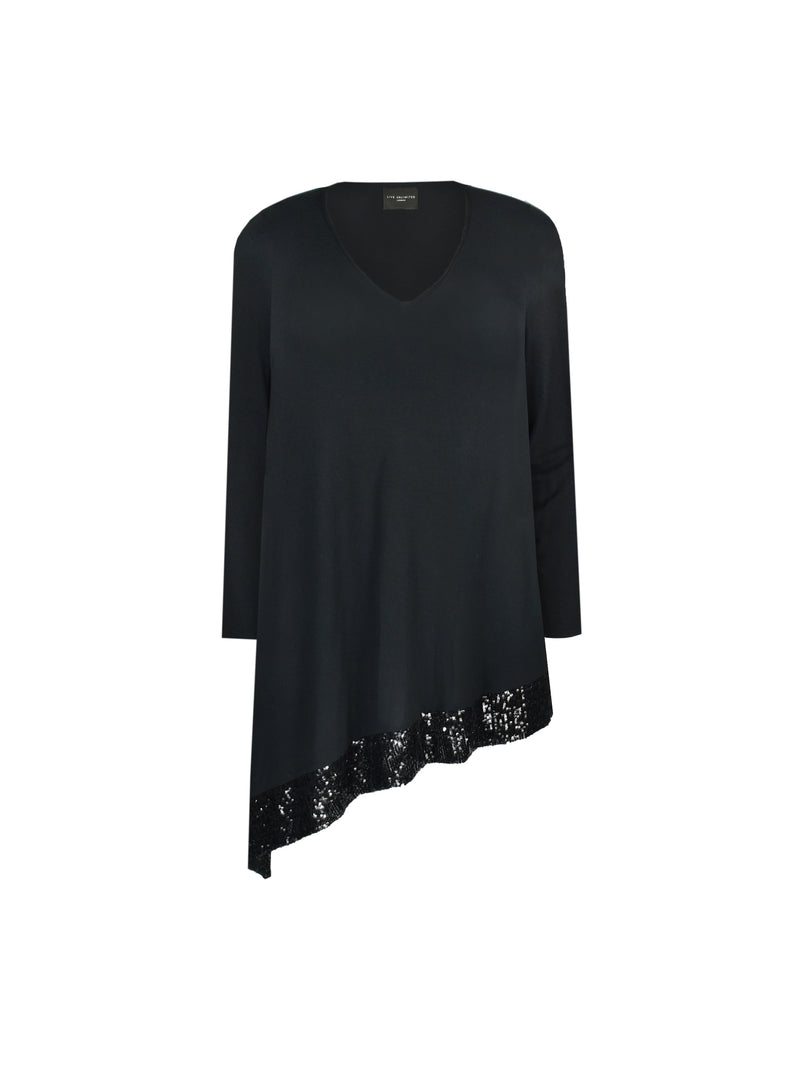 Black Assymetric Oversized Sequin Hem Jersey Top