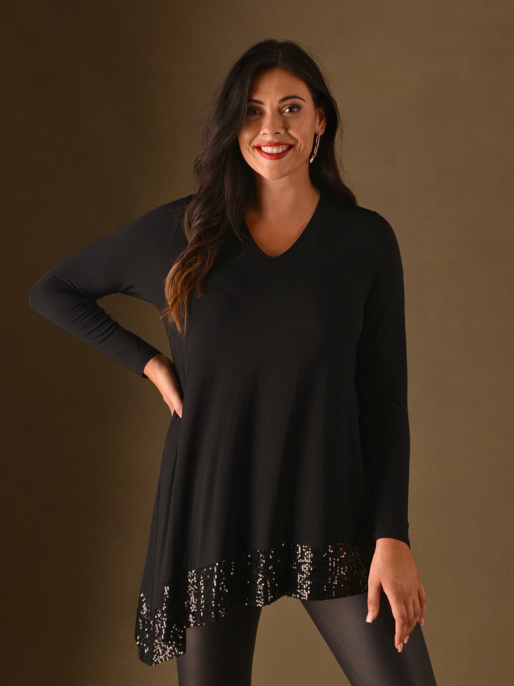 Black Assymetric Oversized Sequin Hem Jersey Top