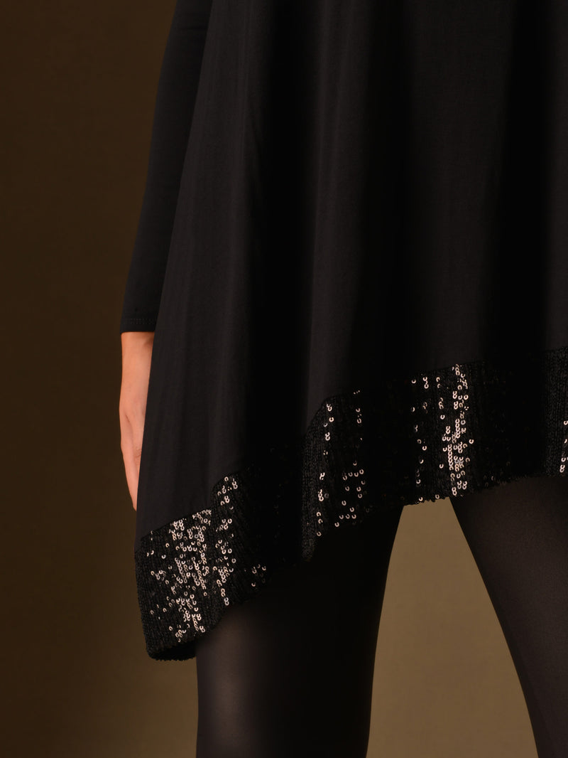 Black Assymetric Oversized Sequin Hem Jersey Top