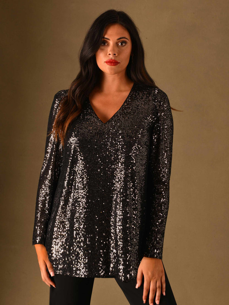 Gunmetal Puff Sleeve Sequin Top