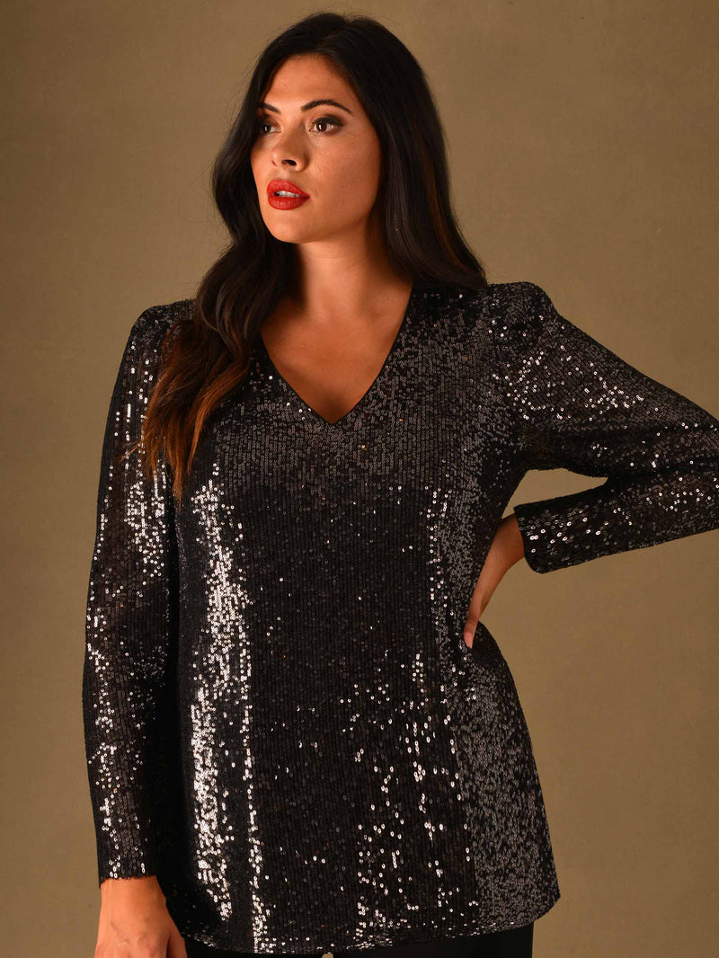 Gunmetal Puff Sleeve Sequin Top