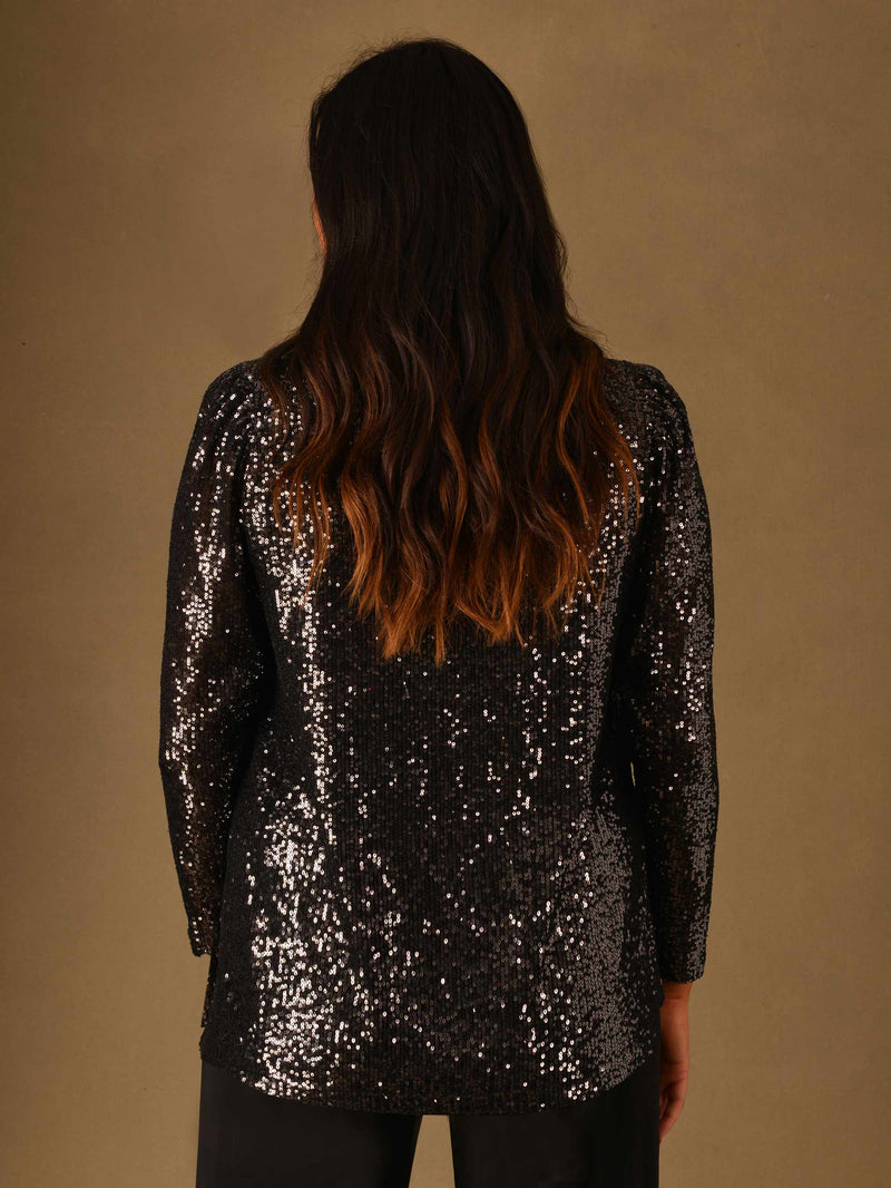 Gunmetal Puff Sleeve Sequin Top