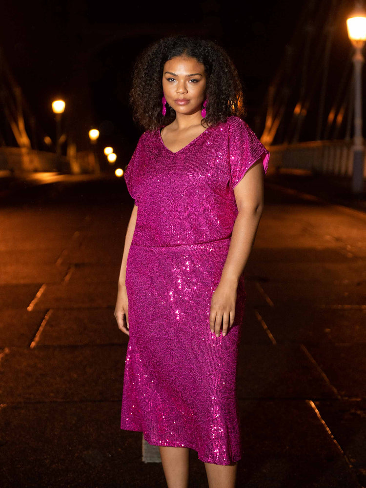 Pink V-Neck Sequin T-shirt