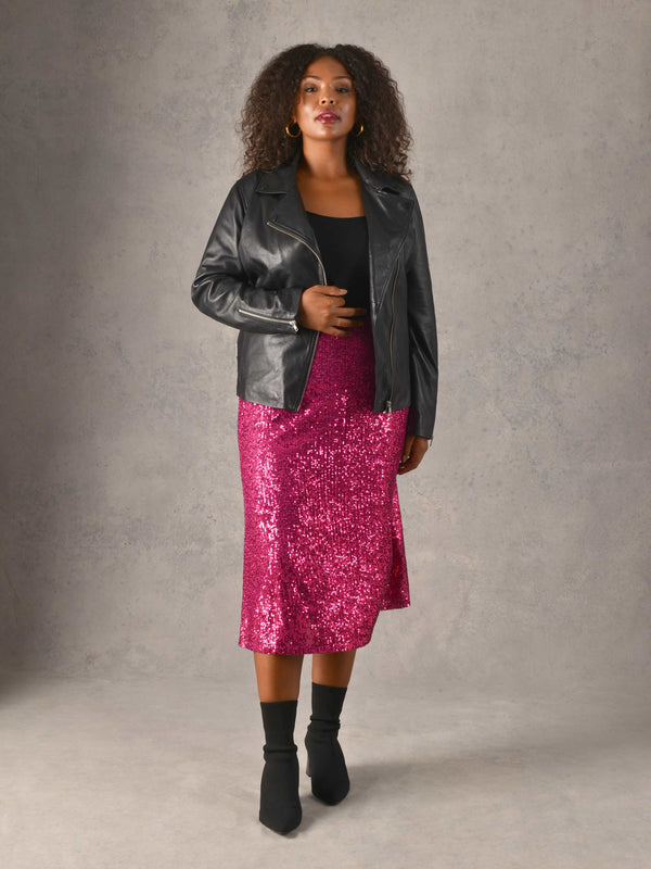 Pink Sequin Midi Skirt
