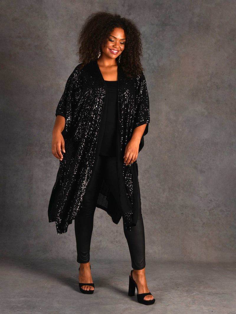 Black Sequin Longline Kimono