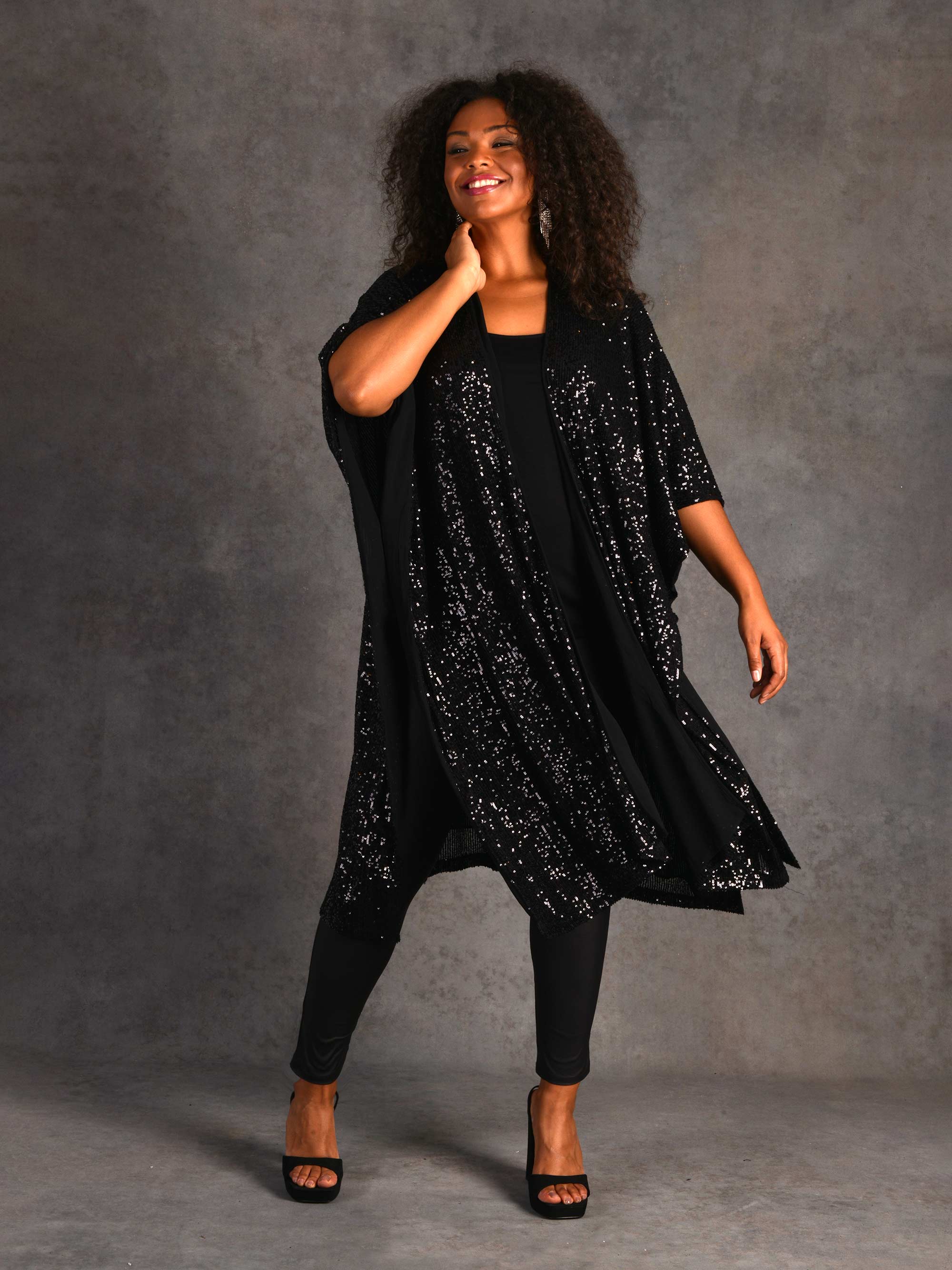 Black Sequin Longline Kimono