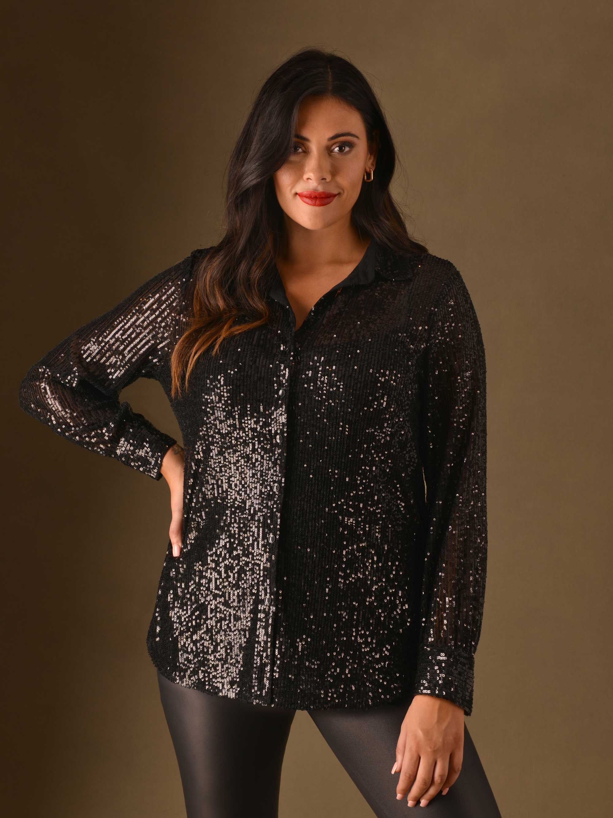 Black Sequin Longline Shirt