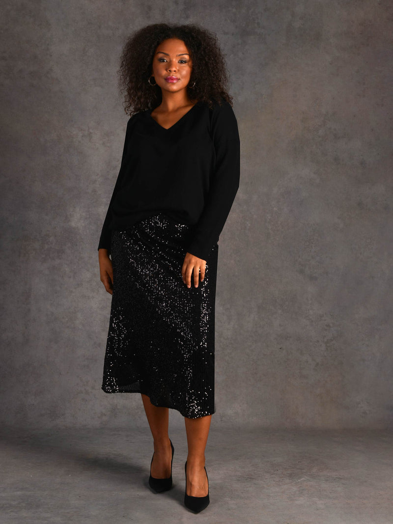 Black Sequin Midi Skirt