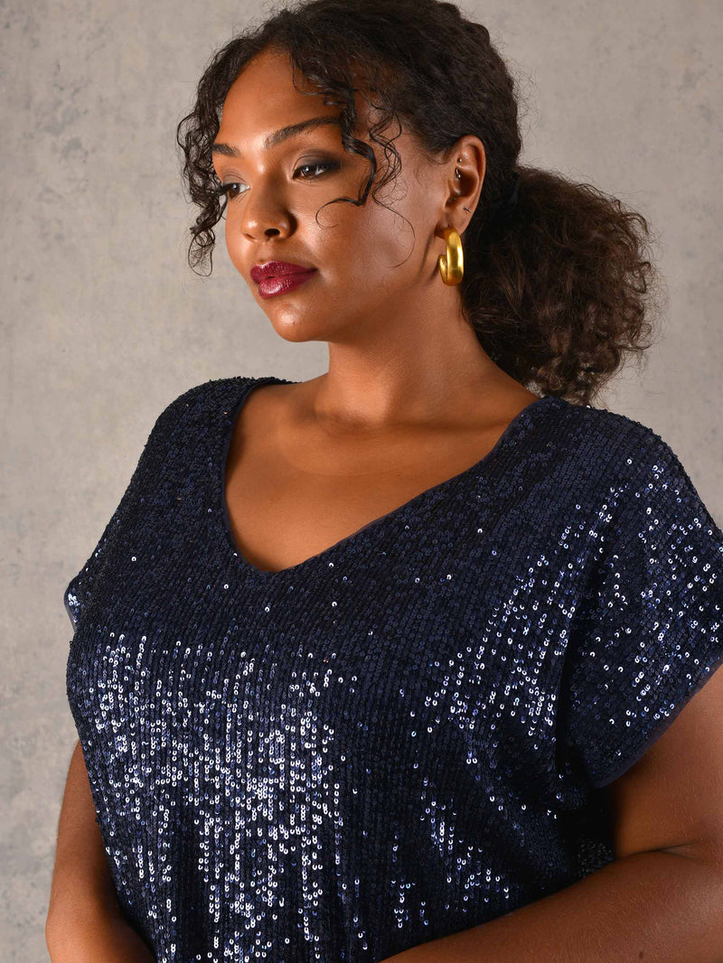 V-Neck Sequin T-shirt - Plus Size Clothing from Unlimited London