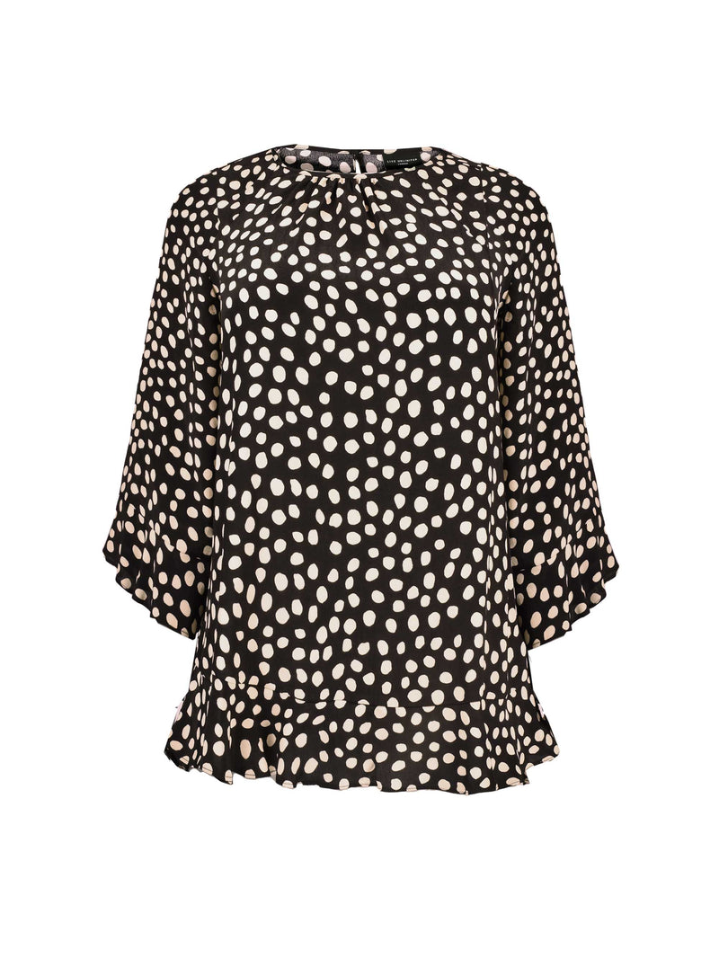 Black & Ivory Spot Print Viscose Flute Sleeve Blouse