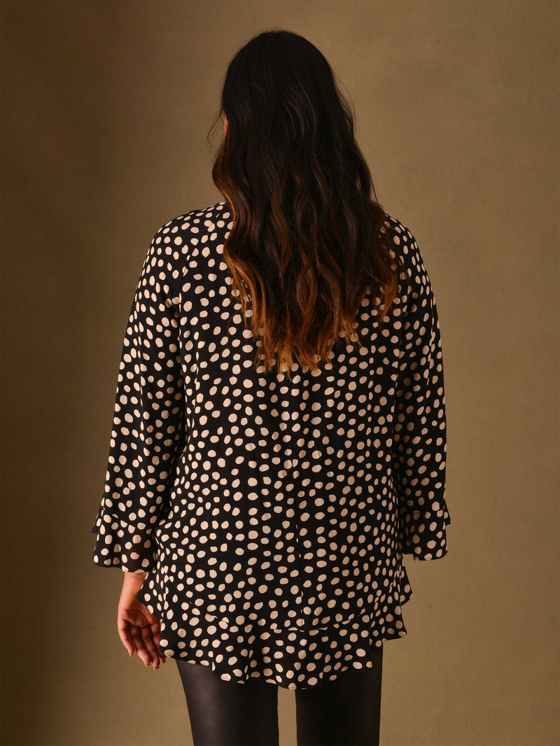 Black & Ivory Spot Print Viscose Flute Sleeve Blouse