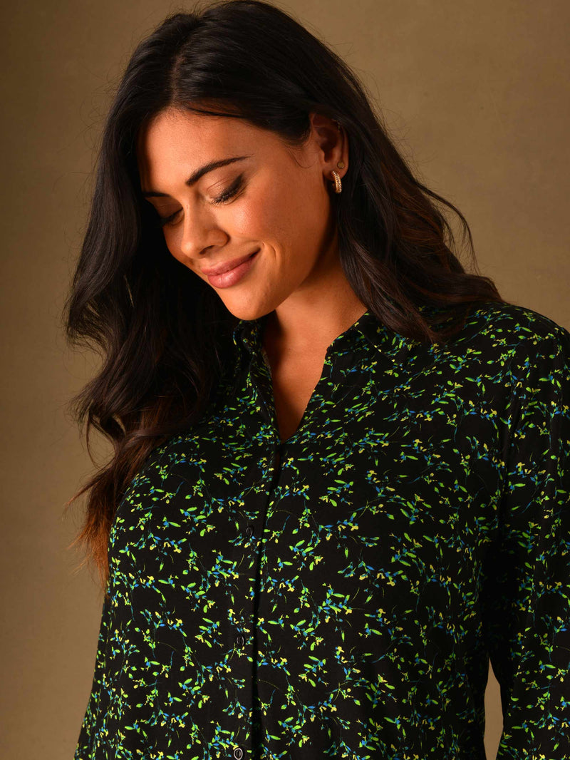 Green Ditsy Print 3/4 Length Sleeve Jersey Shirt