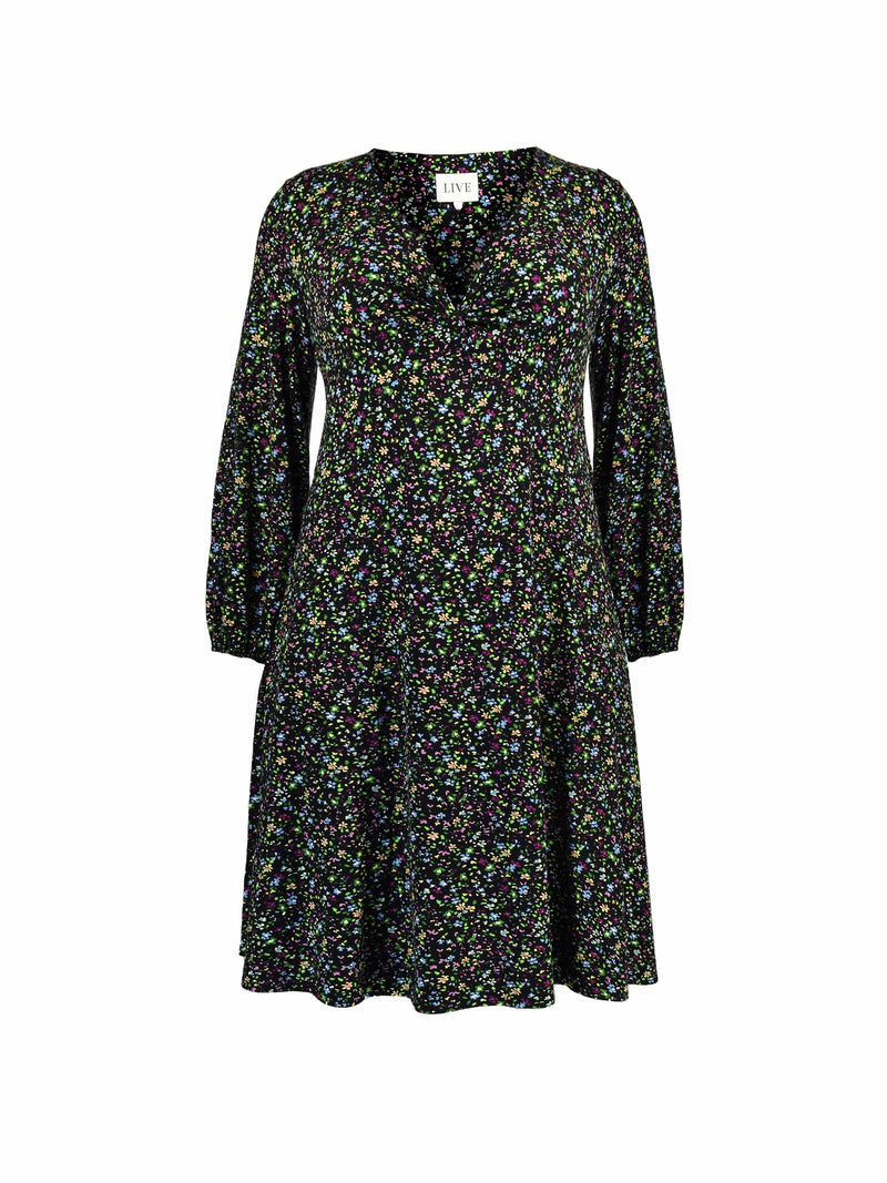 Multi Ditsy Print Twist Front Jersey Dress