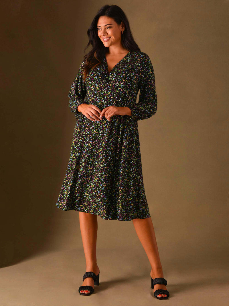 Multi Ditsy Print Twist Front Jersey Dress