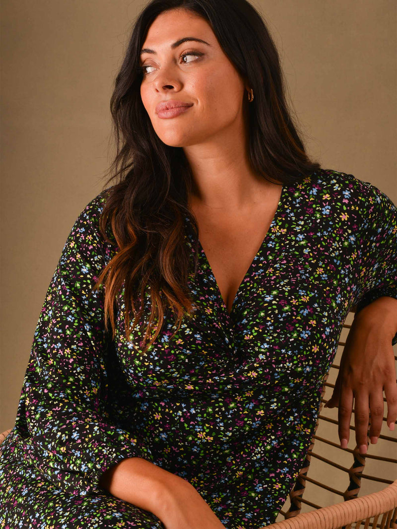 Multi Ditsy Print Twist Front Jersey Dress
