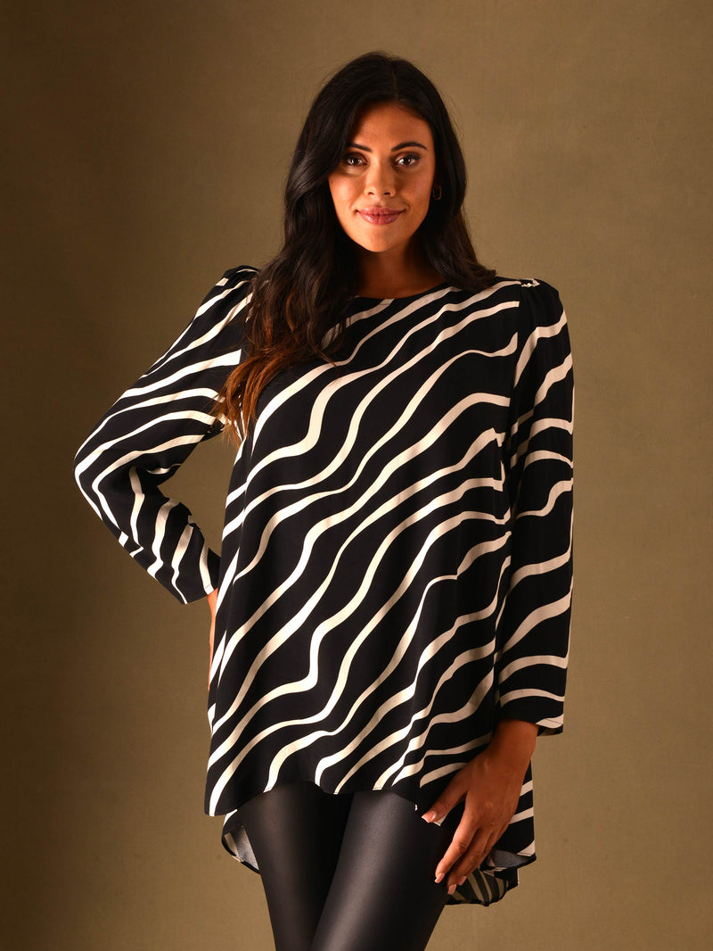 Black & Ivory Swirl Print Viscose High Low Hem Tunic