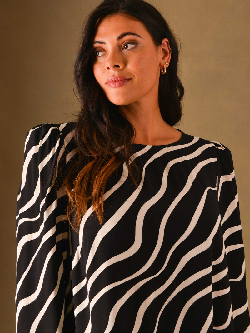 Black & Ivory Swirl Print Viscose High Low Hem Tunic