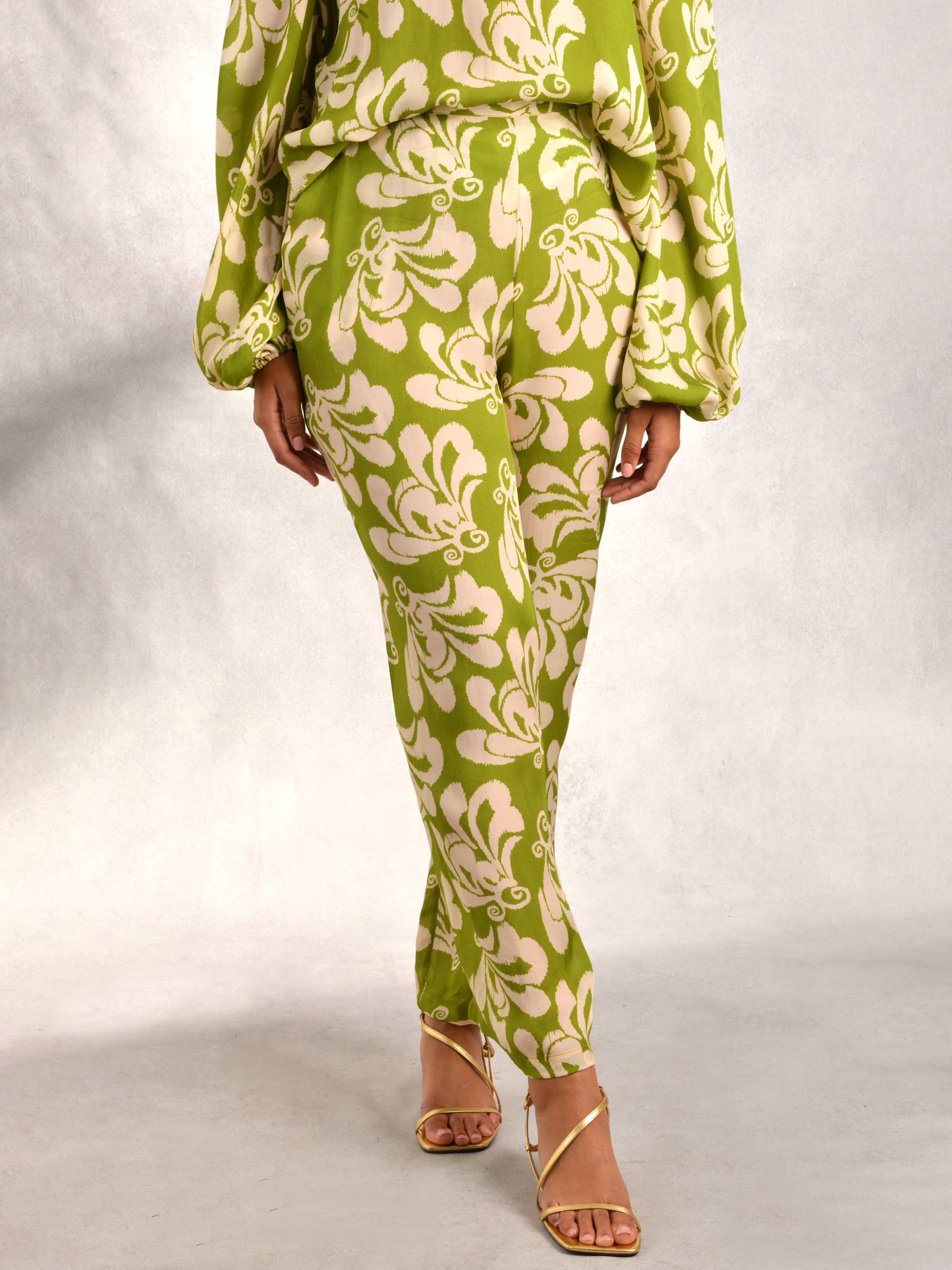 Green Print Satin Wideleg Trouser