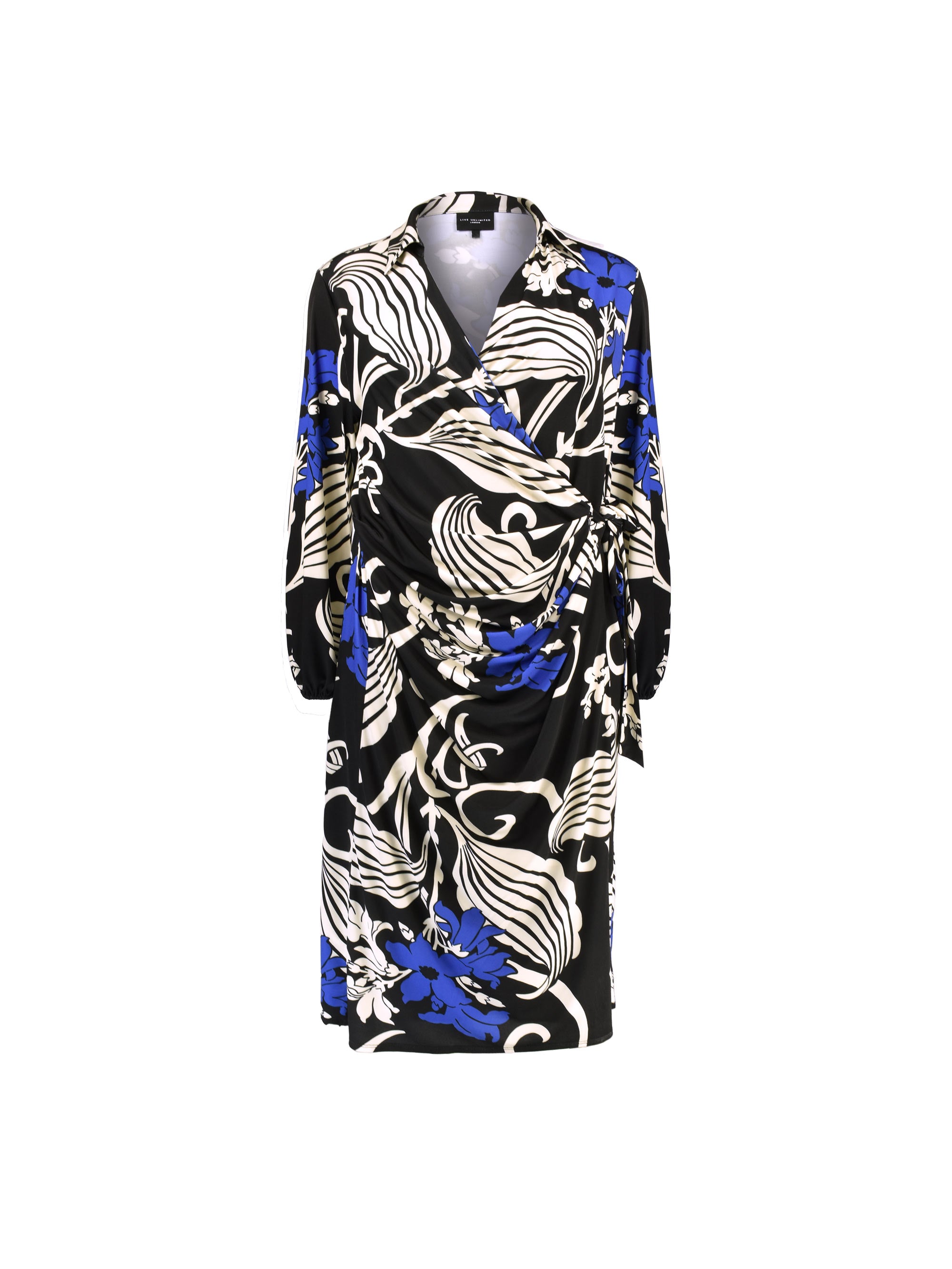 Navy Abstract Floral Print Wrap Jersey Shirt Dress