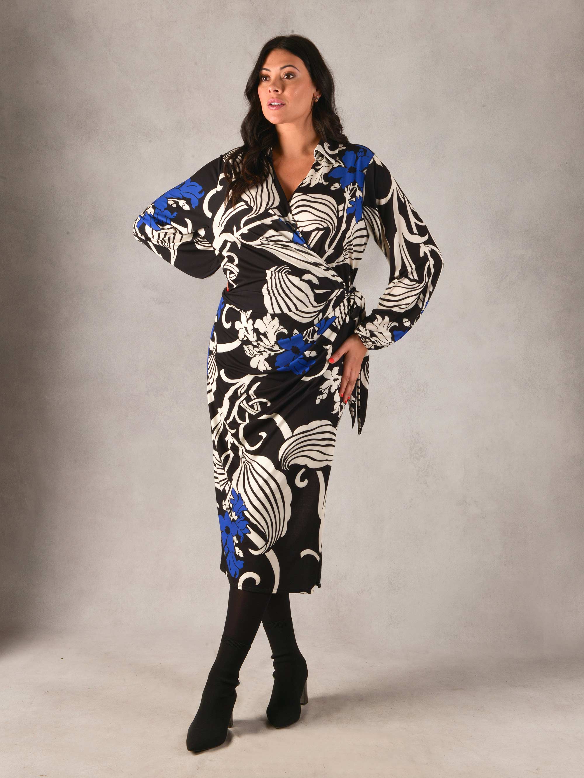 Navy Abstract Floral Print Wrap Jersey Shirt Dress