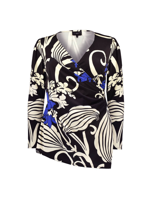 Blue & Black Floral Print Wrap Jersey Top