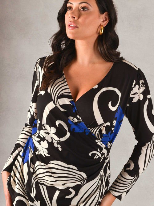 Blue & Black Floral Print Wrap Jersey Top