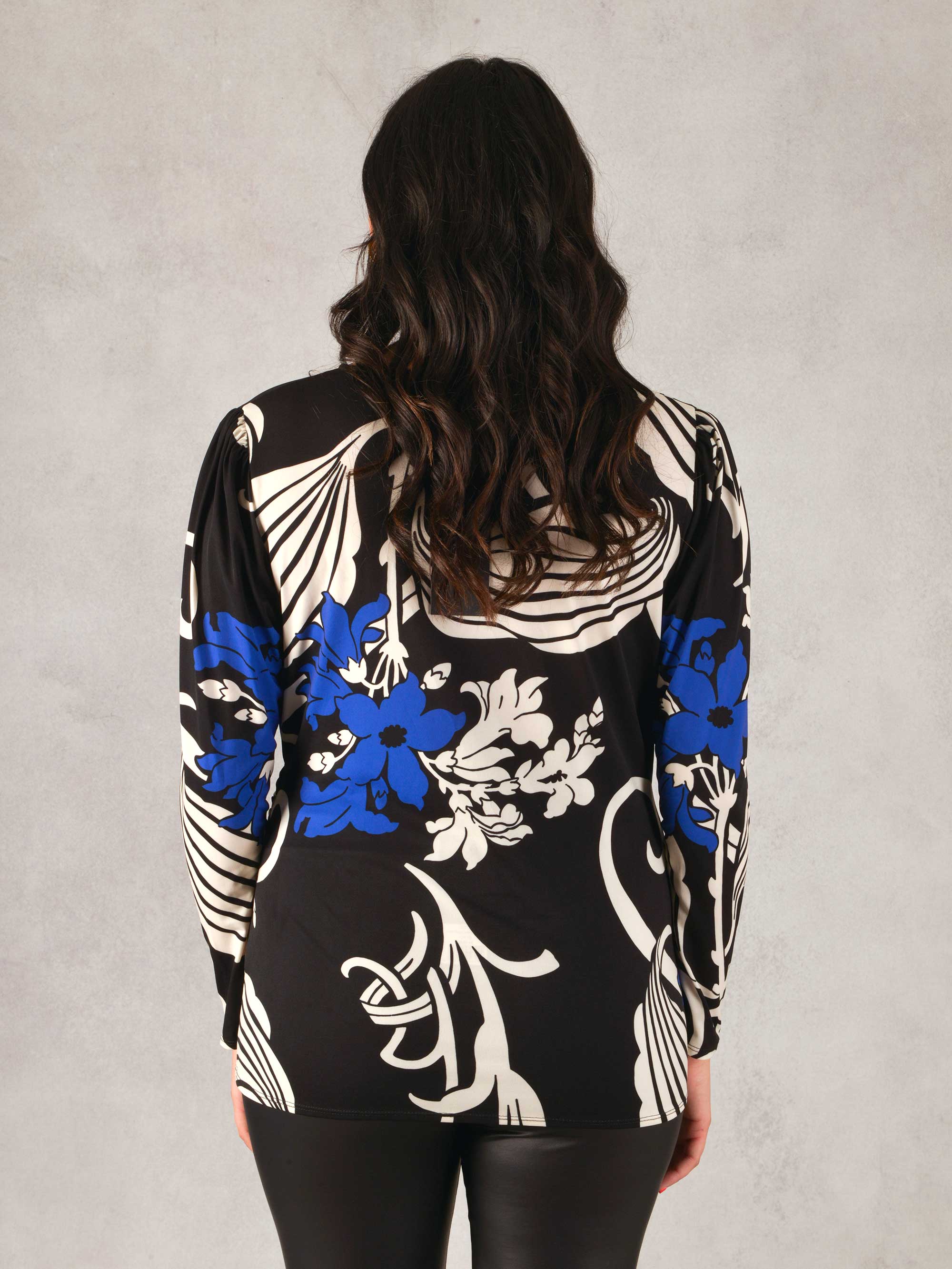 Blue & Black Floral Print Wrap Jersey Top