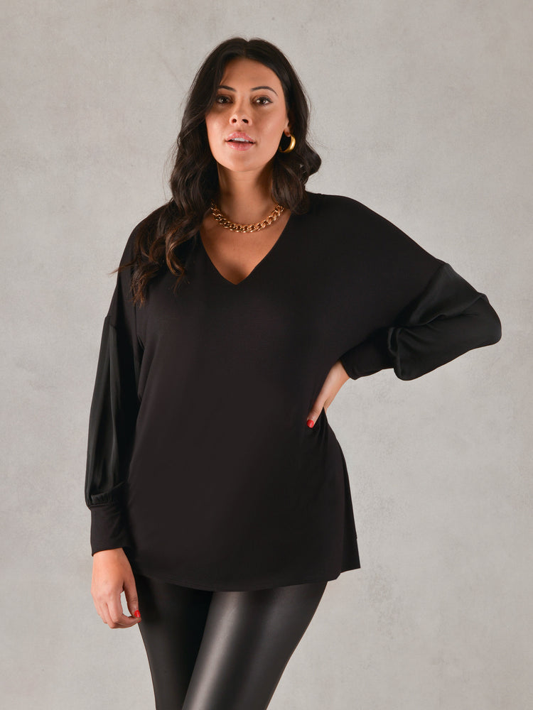 Black Satin Sleeve Jersey Top