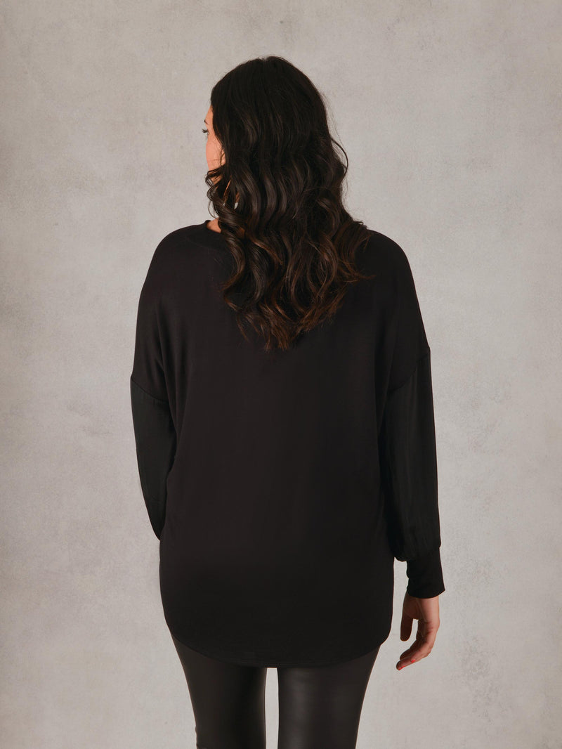 Black Satin Sleeve Jersey Top