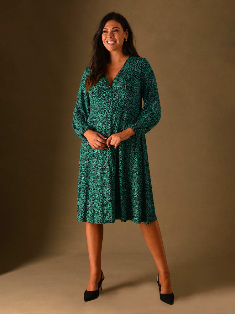 Green Heart Print Knot Front Jersey Dress